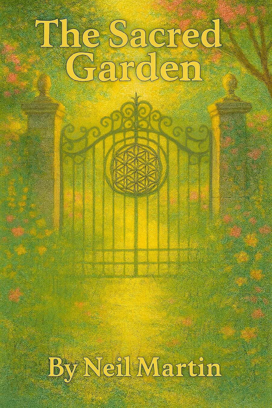 The Sacred Garden book cover — an ornate garden gate bearing a flower-of-life emblem opening into a golden, light-filled garden; a children’s book by Neil Martin