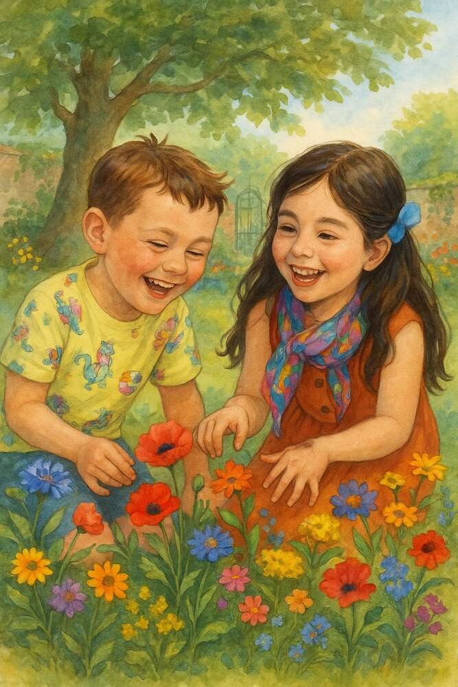 Two young children laughing together among bright wildflowers in the Sacred Garden