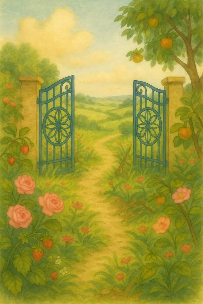 An open wrought-iron garden gate with a flower-of-life motif, a sunlit path winding into rolling hills beyond