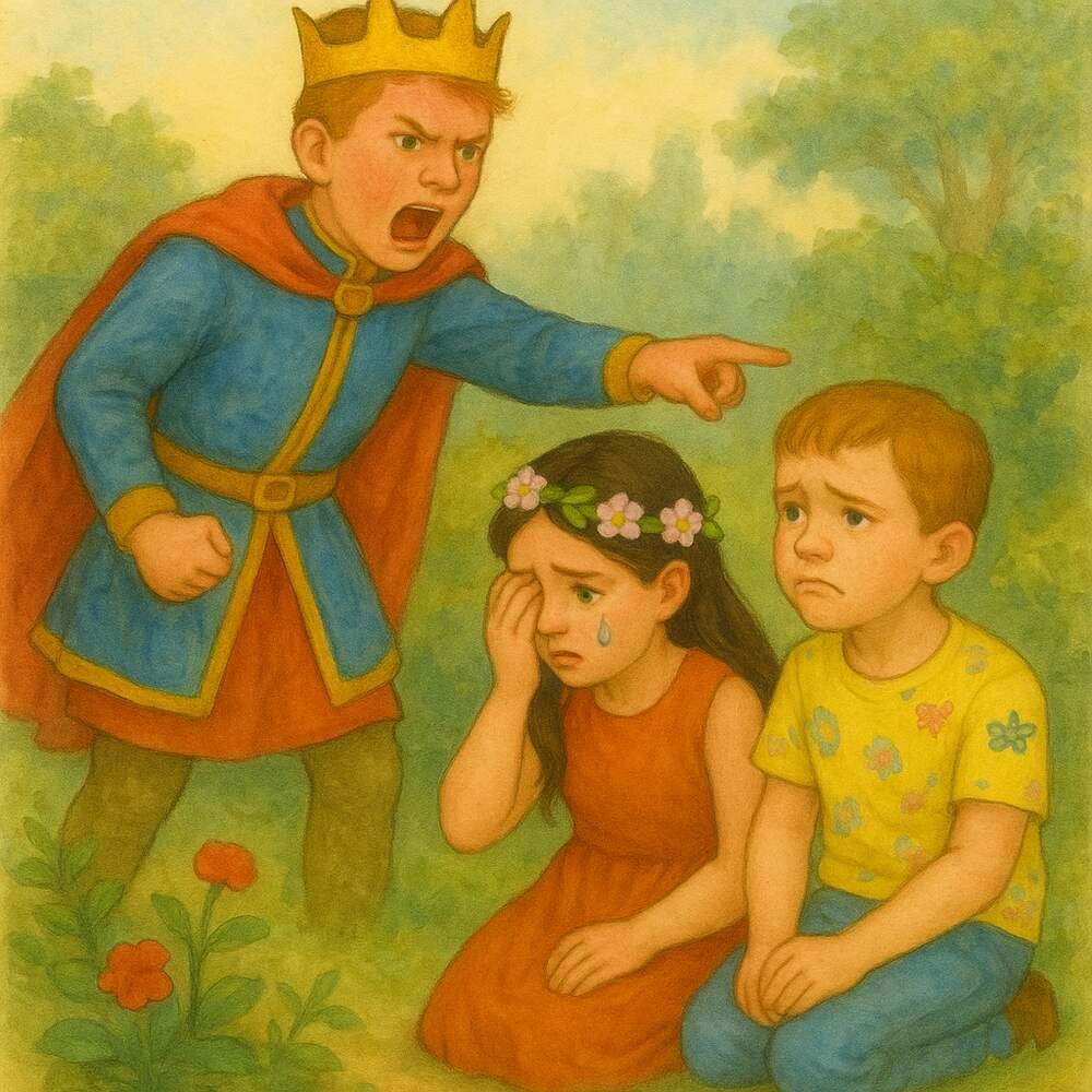 A young crowned prince on a white horse meeting a flower-crowned girl at the garden gate