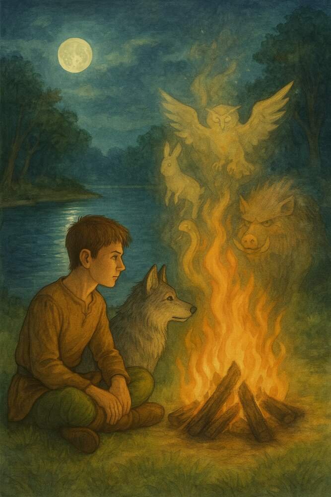 A boy and a grey wolf beside a fire at night, the flames revealing glowing animal spirits beneath a full moon