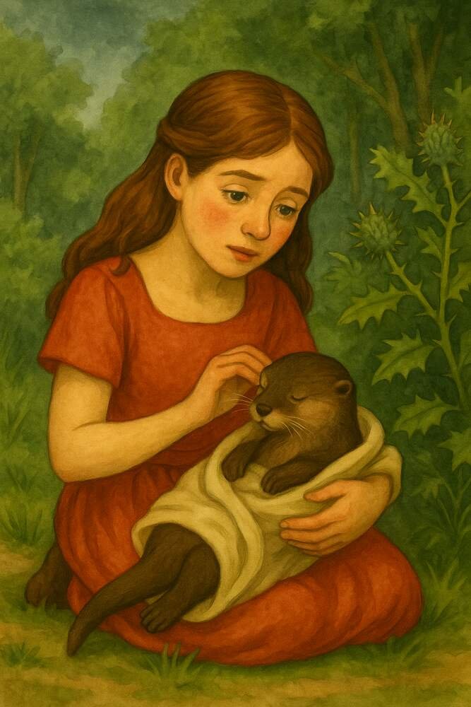A red-haired girl in a red dress gently cradling a rescued otter wrapped in cloth