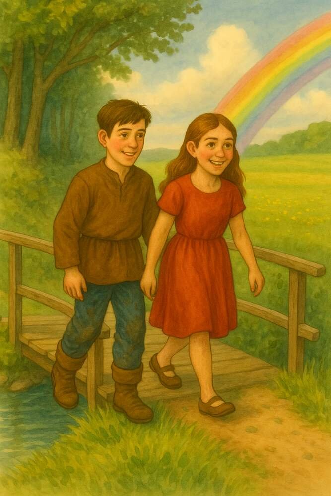A young man and woman crossing a wooden bridge together beneath a rainbow as they return home