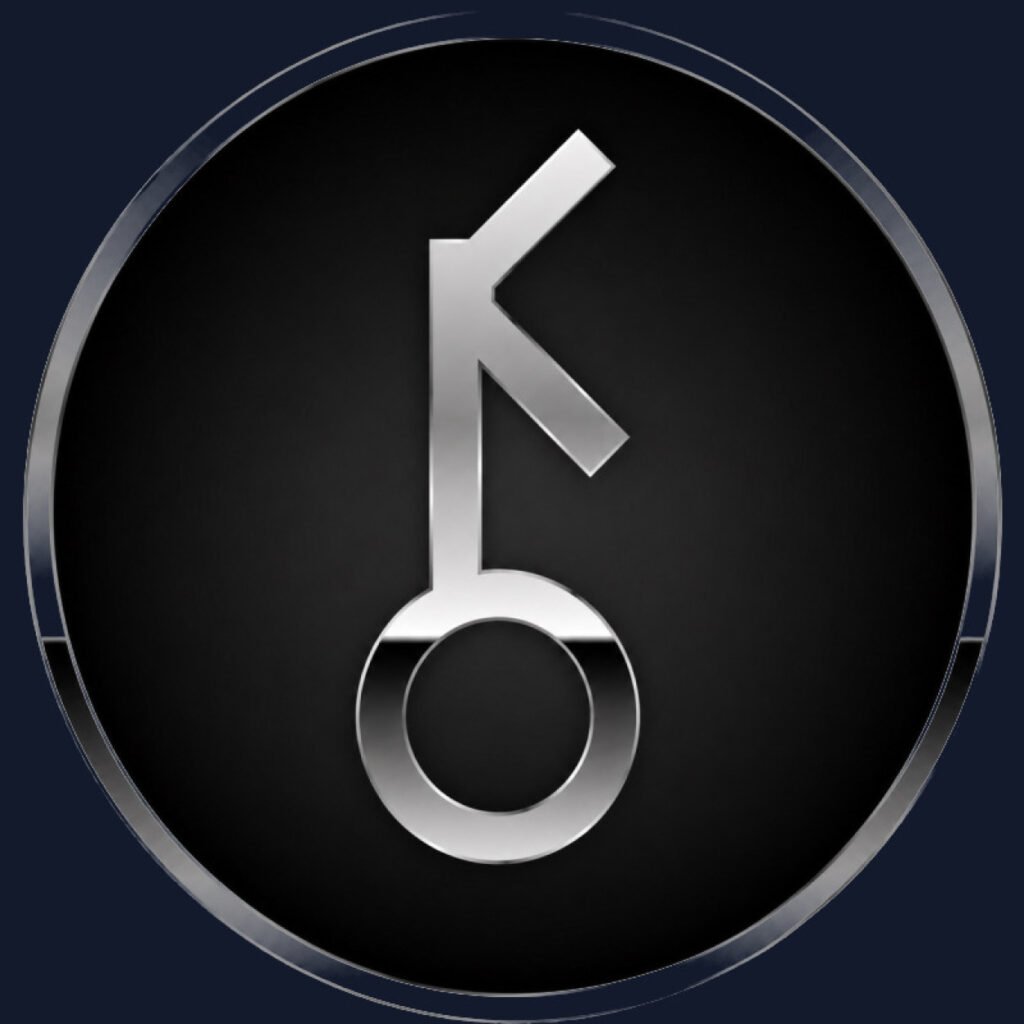 Chiron astrological symbol in chrome on a black disc