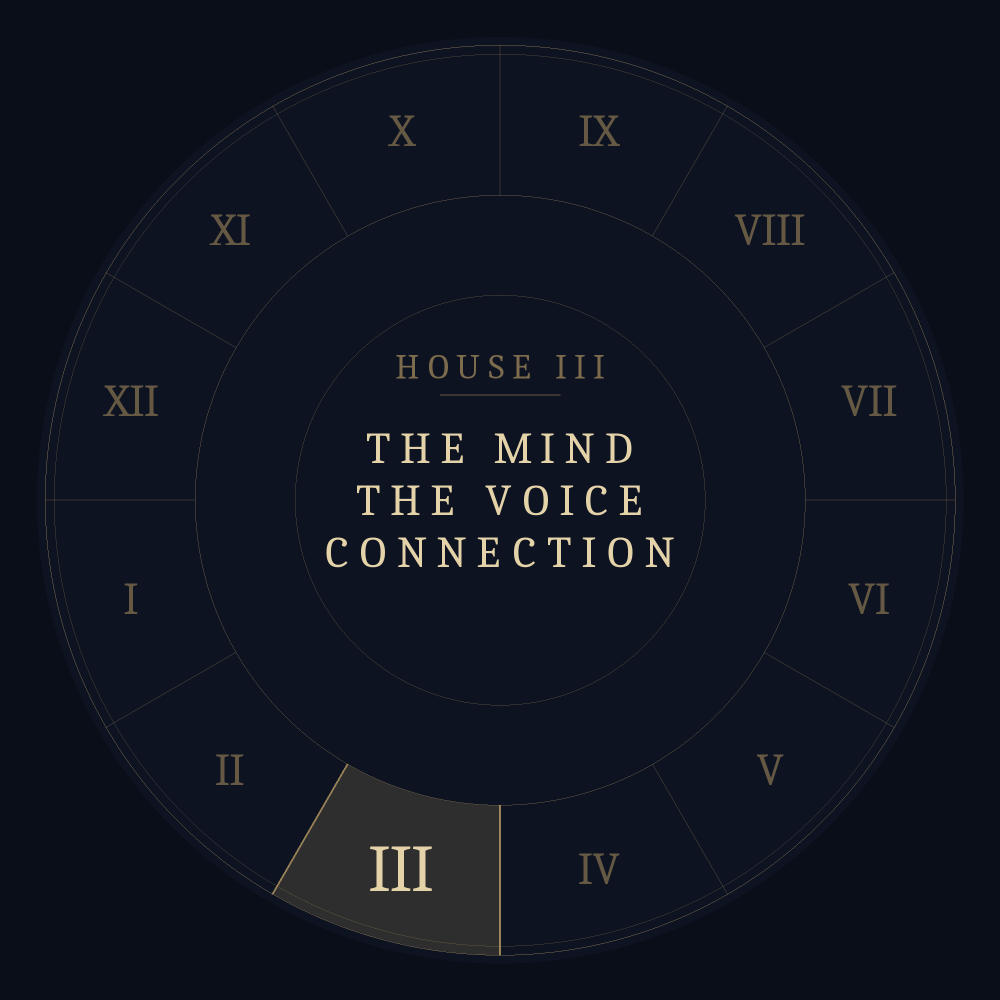 Astrological chart wheel highlighting the third house: the mind, the voice, connection.