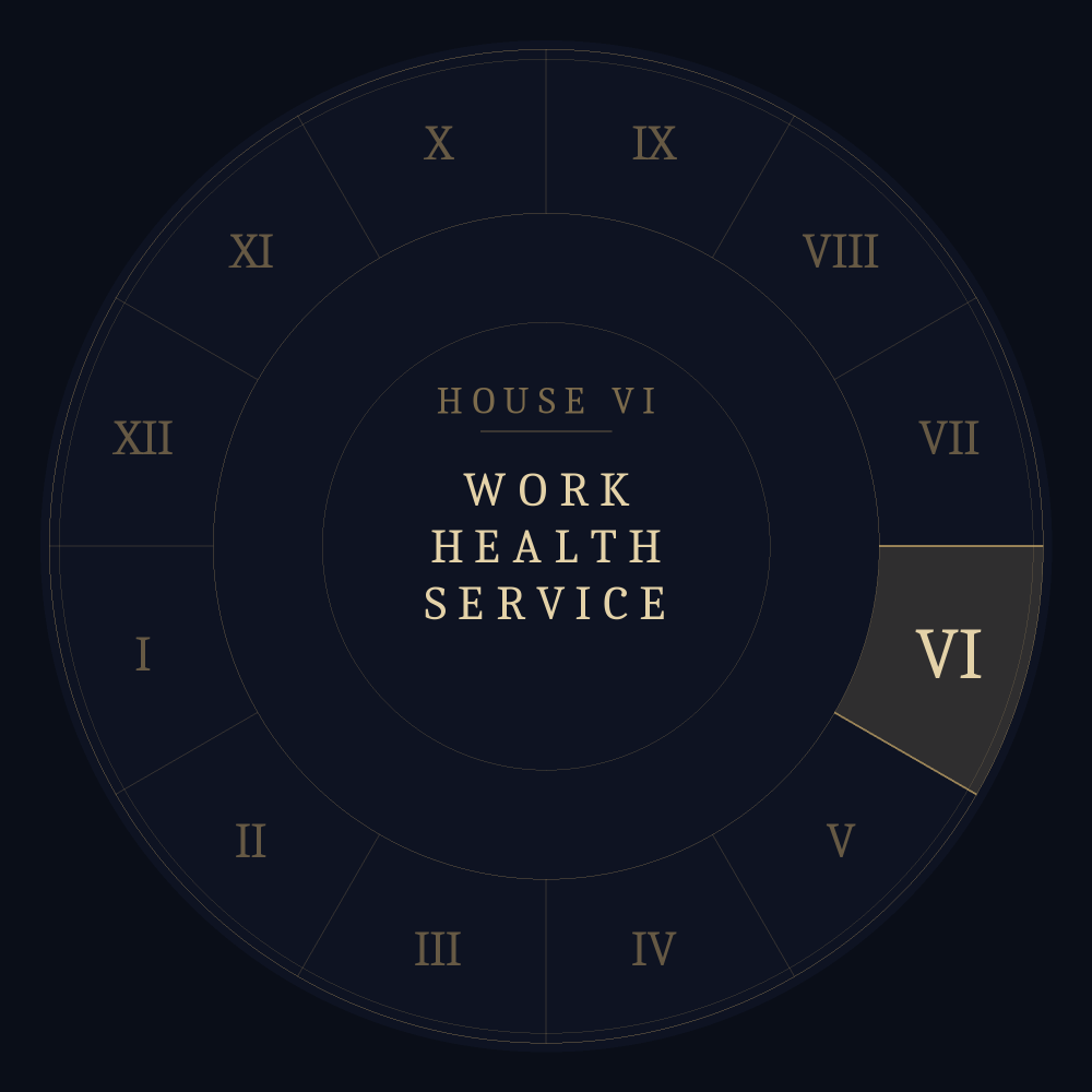 Astrological chart wheel highlighting the sixth house: work, health, service.