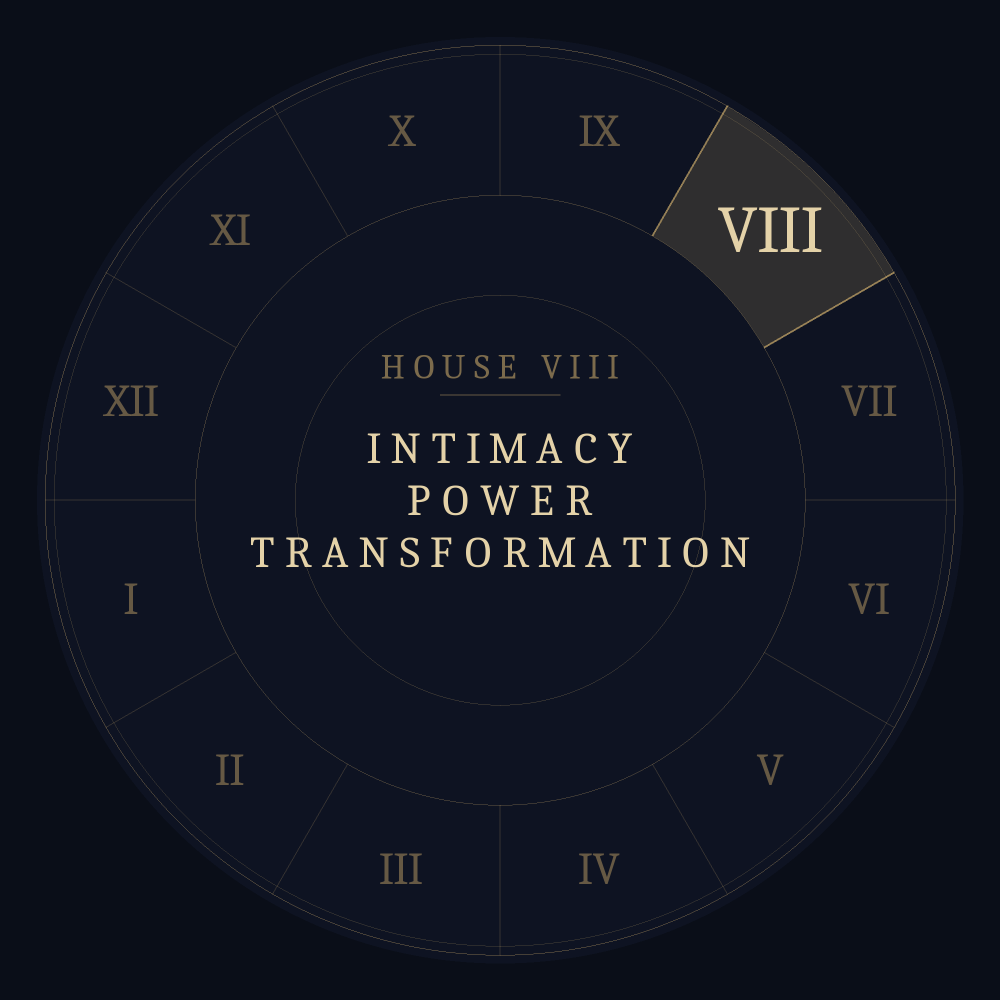 Astrological chart wheel highlighting the eighth house: intimacy, power, transformation.
