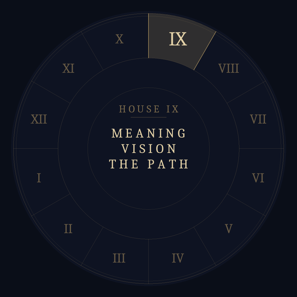 Astrological chart wheel highlighting the ninth house: meaning, vision, the path.