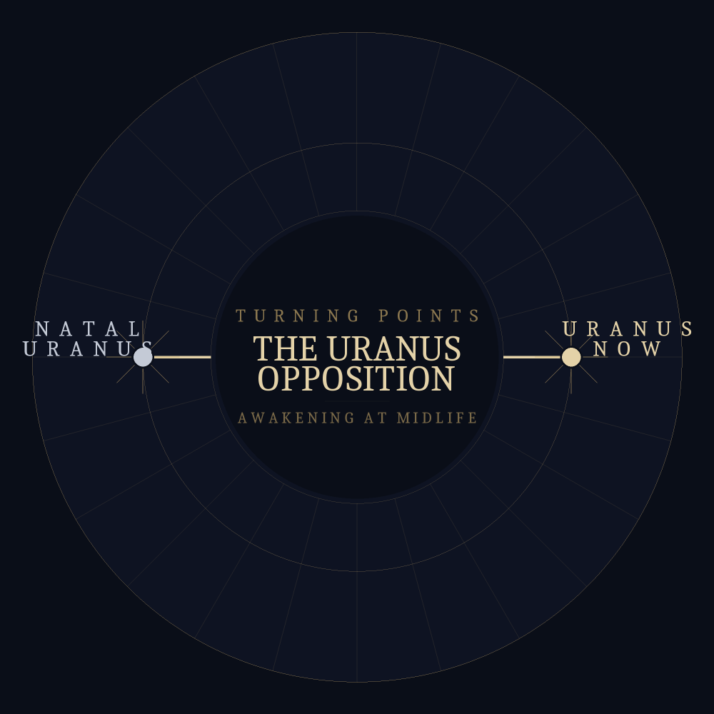 A chart wheel showing the Uranus opposition: natal Uranus opposite transiting Uranus, with an awakening spark at each, around midlife