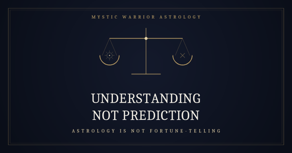 Gold-on-navy illustration of balanced scales representing understanding rather than prediction — Mystic Warrior Astrology