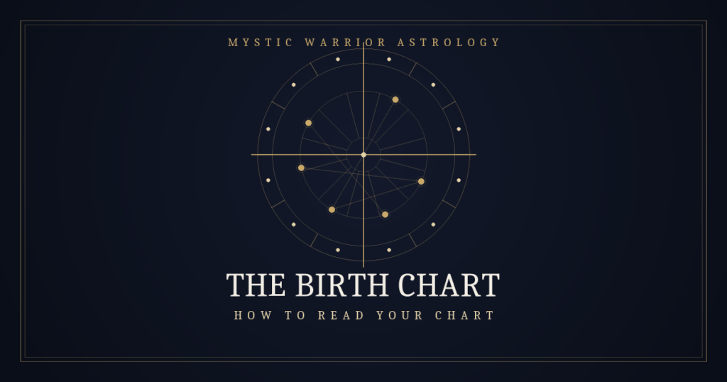 Gold-on-navy astrological birth chart wheel with zodiac ring, houses, planets and aspects — Mystic Warrior Astrology