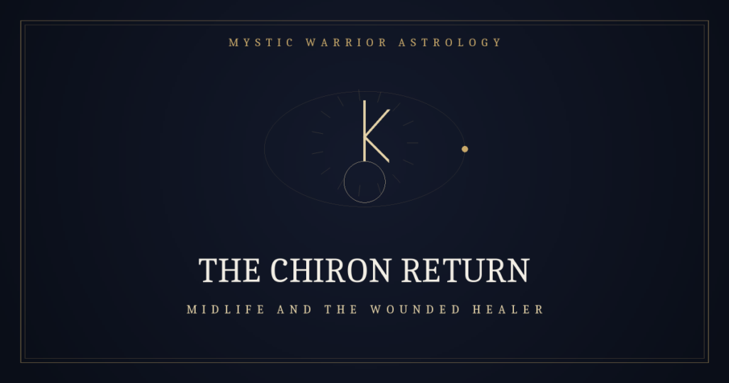 Gold-on-navy illustration of the Chiron key glyph representing the Chiron return — Mystic Warrior Astrology