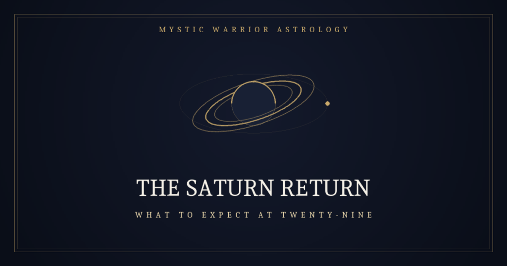 Gold-on-navy illustration of Saturn and its rings representing the Saturn return at 29 — Mystic Warrior Astrology